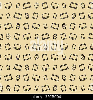 Seamless vector pattern technique on a beige background. Contour icons of laptop, monitor, phone, smart watch. Vector illustration Stock Vector