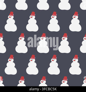 Seamless pattern of snowmen on a dark background. Snow, carrots, bucket. Winter entertainment in the cold season. Vector illustration Stock Vector