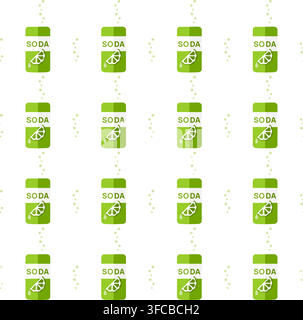 Seamless pattern of soda cans and bubbles. Lime lemonade, green tin. Sweet carbonated drink. Lime slice on a jar. Thirst. Flat style. Vector illustrat Stock Vector