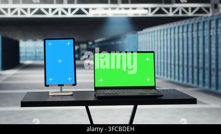 Isolated screen tablet and laptop in high tech data center facility with rows of fully operational server racks. Chroma key devices used to oversee server hub built for digital storage systems Stock Photo