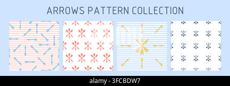 Collection of Patterns with Arrows. Arrows fly in a chaotic manner on a striped background. Symbol Three arrows on a white background. Marine theme. V Stock Vector