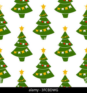 Seamless pattern Christmas tree with flags and star. Decorated coniferous tree. Christmas pattern on a white background. Vector illustration Stock Vector