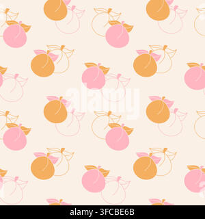 Seamless pattern of pink peaches and orange apricots on a light background. Filled and contoured fruits. Vector illustration Stock Vector