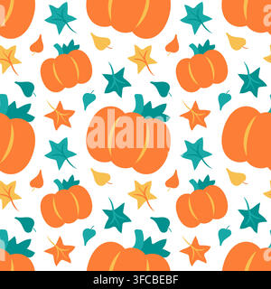 Pattern Pumpkin with Leaves on a white background. Autumn print with maple and oak leaves and Harvest. Vivid colors are orange, green and yellow. Flat Stock Vector