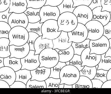 Bubble pattern Hello in different languages. Learning Greetings in world languages - hieroglyphs, letters. Word in chat. Crowd of tourists. Black and Stock Vector