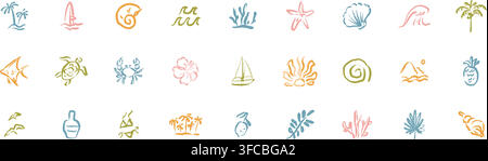Set of hand drawn crayon doodle summer boho icons. Sun rays, sea wave, beach sunset, coconut palm tree, surf board, sailboat chalk freehand funky scri Stock Vector