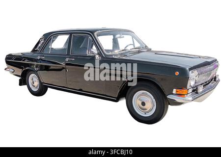 Vintage black sedan isolated against white background, sleek polished design, mid-century classic car, glossy finish, chrome grille, rectangular headl Stock Photo