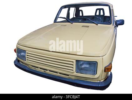 Vintage car isolated on white background, featuring classic design elements, prominent grille, smooth hood, large rectangular windshield, tinted windo Stock Photo