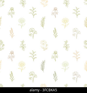 Botanical Line Art Seamless Pattern with Herbal Plants and Flowers Stock Vector