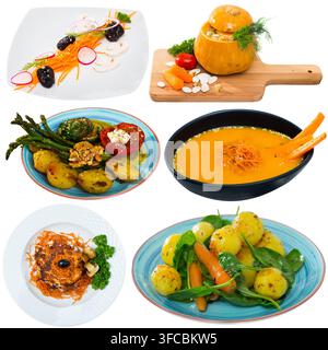 Set of assorted dishes with vegetables isolated on white, vegetarian food Stock Photo