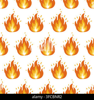Seamless pattern with large burning flames in orange, yellow and cream, surrounded by small decorative sparks. Ideal for fabric, wallpaper, wrapping p Stock Vector