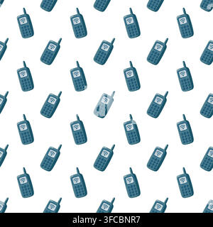 Seamless pattern with portable blue satellite phones featuring external antennas, numeric keypads, screens and wireless signal symbols. Ideal for outd Stock Vector