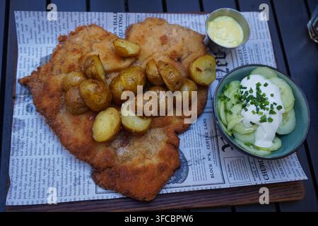 Giant crispy breaded pork cutlet served with roasted baby potatoes, cucumber salad, and garlic dip. Authentic polish cuisine. Stock Photo