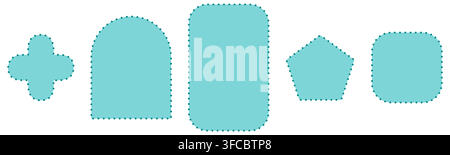 Turquoise dot lace border frame set with cross arch pentagon square shapes, minimal perforated trim isolated on white background vector illustration for labels invitations cards scrapbooking. Stock Vector