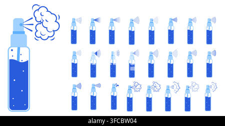 Set of twenty five blue filled spray bottle icons showing mist jets fans clouds arcs droplets and stream effects. Perfect for deodorant fragrance cleaning UI pictograms logos branding graphics Stock Vector