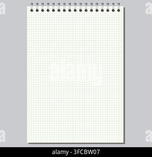 Pale Green engineering grid notebook page shows fine squared ruling, top wire binding, and upright portrait format on light gray background. Suitable for schoolwork, planning, stationery layouts, Stock Vector