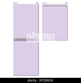 Set of lavender blank A4 spiral pages has black side and top coils, clean rectangular sheets, and gray shadows. Useful for writing, study planning, desk organization, or digital stationery Stock Vector