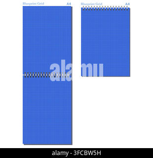 Pale Green engineering grid notebook page shows fine squared ruling, black wire binding, and varied formats on light gray background. Suitable for schoolwork, planning, stationery layouts, notes and Stock Vector