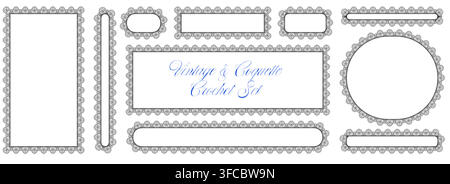 Black floral crochet borders form circle, rectangle, vertical strip plus horizontal banner frames beside coquette title text on clean ground as vintage trim for invitation labels or menu designs. Stock Vector