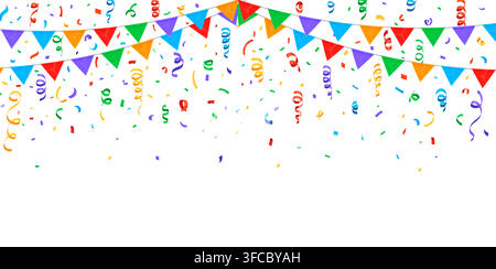 Carnival confetti paper ribbons and flags pennant garland, holiday birthday and anniversary party background. Cartoon color streamer confetti and carnival flag bunting decorations festive background Stock Vector