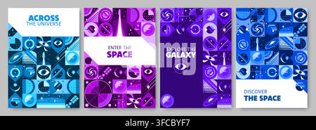 Universe galaxy space explore posters with mosaic geometric pattern of planets and stars. Space abstract purple shapes patterns with galaxy explore spaceship, rocket and satellite, moon and black hole Stock Vector