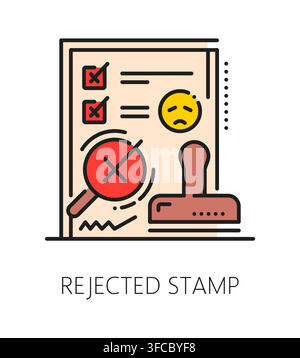 Bad quality rejection and inspection icon or pictogram. Regulatory inspection symbol, regulations color line vector icon. Product quality control sign with failed checklist, stamp and emoji sad face Stock Vector