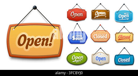 Open and closed shop door signboards, isolated store sign board with bold lettering. Vector hanging wooden shop and store door plates suspended by rope and pin. Retail notice, announcement or display Stock Vector