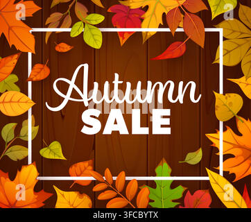 Autumn sale banner and discount poster on wooden background with fall season leaves frame. Vector seasonal advertisement promotion, special offer coupon with colorful forest foliage on wood backdrop Stock Vector