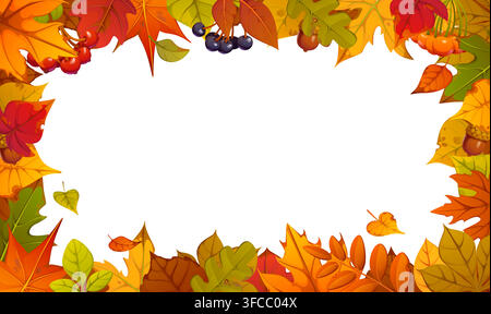 Autumn leaves frame, fall season birch, maple and oak, aspen or linden foliage border background. Cartoon vector Thanksgiving holiday or September school border with forest tree branches and berries Stock Vector