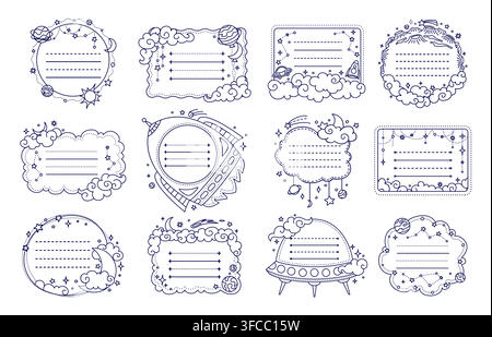 Galaxy space stars and alien planets, spaceship and UFO kids memo note frames and stickers. Outline clouds, stars, craters, comets, moon, and spaceship. Black white vector frames for notes or list Stock Vector