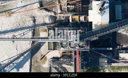Aerial view of an industrial sand and gravel processing plant featuring conveyor belts, circular sedimentation tanks, and sandy terrain in Echteld, Ge Stock Photo