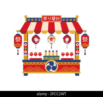 Japanese summer matsuri festival stall with red and gold lanterns, striped awning, candied apples, bottles and traditional patterns. Japan holiday icon of celebration culture or seasonal street market Stock Vector