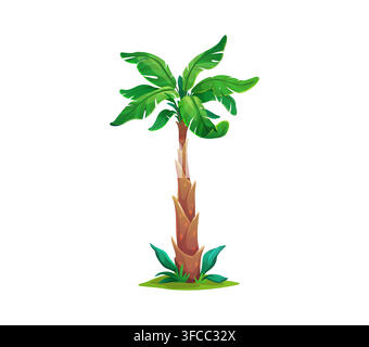 Cartoon jungle palm tree with curved brown trunk and lush green fronds standing on grass. Isolated exotic tropical summer beach plant, symbol of vacation and holiday. Rainforest or desert palm tree Stock Vector