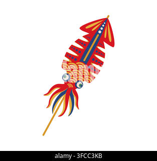 Japanese Ikayaki squid on wooden skewer decorated with traditional Japan Seigaiha wave pattern. Summer matsuri festival food icon with red blue and gold color, eyes and tentacles for event celebration Stock Vector