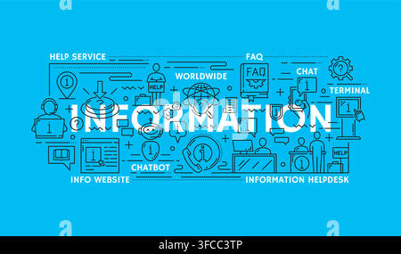 Information line icons, instruction and help, privacy policy and manual guide. Modern customer support banner featuring helpdesk, chatbot, FAQ, chat, communication and assistance service linear signs Stock Vector