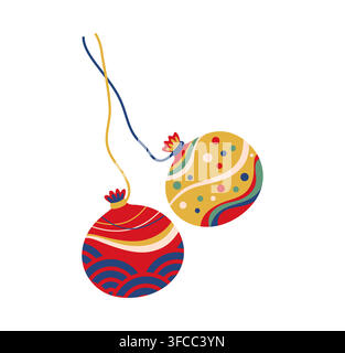 Japanese festival ornaments for summer festival of Japan. Matsuri holiday icon of two hanging temari balls with wave stripe and polka dot pattern for traditional celebrations or festive craft charm Stock Vector