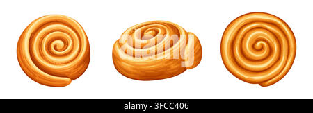 Sweet cinnamon buns, Danish roll bakery, swirl sugar pastry cookies with spiral layers of dough and sugar filling. Isolated cartoon dough dessert icon, bakery food for cafe culinary recipe Stock Vector