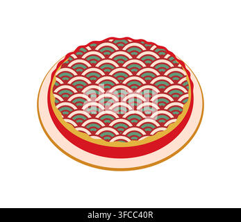 Japanese okonomiyaki pancake on round plate, decorated with repeating red, green and cream seigaiha wave pattern. Summer Matsuri festival of Japan, holiday food flat vector icon isolated on white Stock Vector