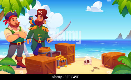 Cartoon caribbean pirate characters on tropical island with treasures. Happy pirate captain and corsair sailor characters wearing hats and costumes with swords, parrot, chest and barrels with gold Stock Vector