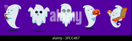 Cute ghost characters or Halloween cartoon funny spooky phantoms and scary spirits. Kawaii ghosts with pumpkin or boo scare, eating pizza and drinking coffee with happy smile for Halloween holiday Stock Vector