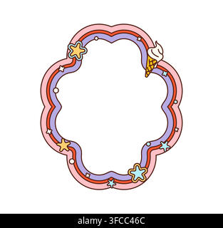 Cartoon groovy frame with retro hippie psychedelic waves, stars and ice cream. Y2K groovy wavy line retro frame border for photo or kids mirror sticker with colorful bright stars and sparkles shine Stock Vector