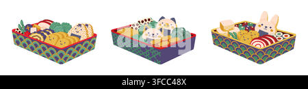 Japanese kids bento lunch boxes or food meal lunchboxes for school snack. Kids bento lunch boxes with cute funny animals and sushi rolls, rice with egg and Kyaraben or Kyushoku style lunchbox Stock Vector