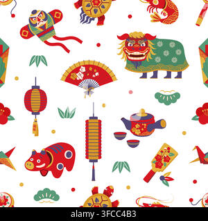 Japanese New Year holiday seamless pattern background. Festive flat pattern with paper lanterns, dancing lion, hand fans, kites, tea set and decorative folklore animals for Asian wrapping paper Stock Vector