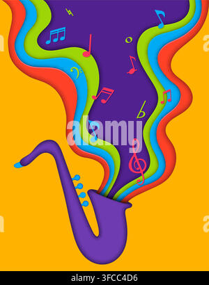 Paper cut music background with saxophone. Vibrant jazz day poster with layered waves in purple, blue, green and red releasing colorful musical notes. Bold jazz banner for concert promotions Stock Vector