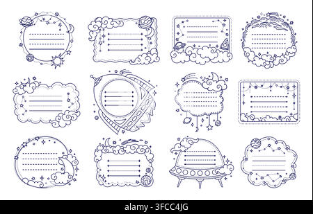 Galaxy space stars and alien planets, spaceship and UFO kids memo note frames and stickers. Outline clouds, stars, craters, comets, moon, and spaceship. Black white vector frames for notes or list Stock Vector