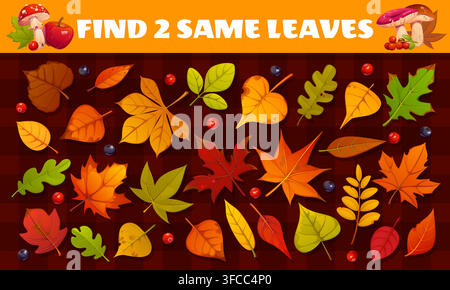 Find two same autumn leaves for kids game worksheet with fall season foliage. Kids game to find same leaf of yellow maple, orange oak and and red birch in forest harvest with berries for puzzle quiz Stock Vector