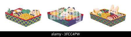 Japanese kids bento lunch boxes or food meal lunchboxes for school snack. Kids bento lunch boxes with cute funny animals and sushi rolls, rice with egg and Kyaraben or Kyushoku style lunchbox Stock Vector