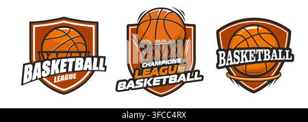 Basketball sport club or team badge icons and tournament emblems. Vector set with basket, shield and ball symbols for academy, champion games, school, championship, athletic league and winner labels Stock Vector