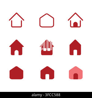 A clean collection of red home icons in line and solid styles, ideal for real estate branding, homepage navigation, mobile apps, and UI/UX projects. Stock Vector