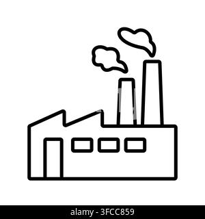 Minimalist Black Line Art Factory Building Icon with Dual Chimneys and Smoke Puffs for Industrial Manufacturing Concept Stock Vector
